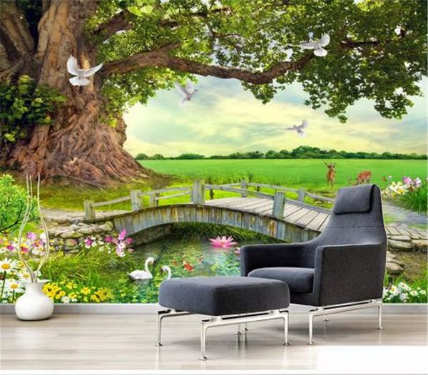 Venta al por mayor Photo 3d Wallpaper HD Beautiful Green Tree Forest Landscape Painting Personaliza tu hermoso fondo de pantalla favorito