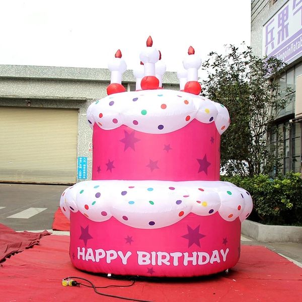 wholesale Decoración inflable de la torta del feliz cumpleaños del rosa 6m20ftH gigante con el globo de la torta de la vela para la decoración del partido