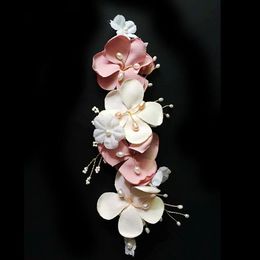 Groothandel-roze bloem bruiloft hoofdband haar krans accessoires zoetwater parels bruids haar sieraden clip vrouwen hoofddeksels