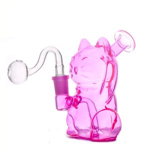 Gros rose chanceux chat verre brûleur à mazout Bong narguilé 14mm joint lourd recycleur Dab Rig Bong portable meilleur cadeau pour fumeur avec tuyau de brûleur à mazout en verre mâle Dhl gratuit
