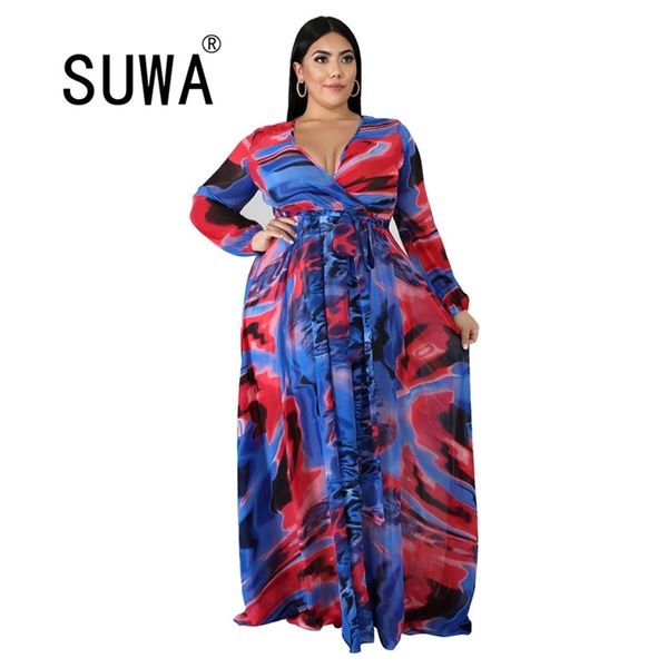 Venta al por mayor de ropa de talla grande 5XL Tie Dye Boho vestidos de mujer de manga larga gratis elegante A-Line Sexy Lady Streetwear 210525