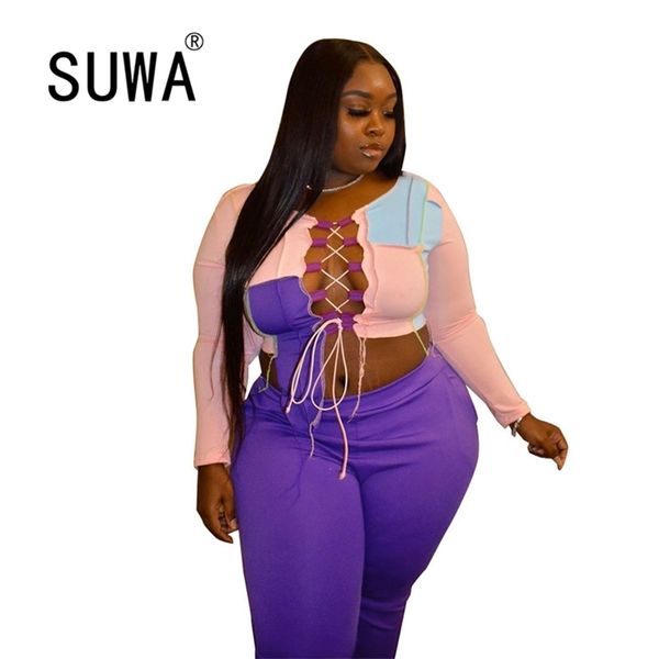 En gros Plus La Taille Vêtements Femmes Deux Pièces Ensemble Haut Et Pantalon À Manches Longues Survêtement Sexy Fitness Porter Jogger Costume Streetwear 210525