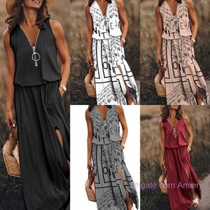 Vente en gros Plus Size Summer Womens Casual Dress 3xl 4xl 5xl Long Sleeveless Black Women's Elegant Zipper Lettre Imprimé Business Maxi Designer Robes Pour Femme