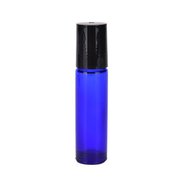 Bouteilles à rouler en verre bleu de 10ml, avec boule en métal et couvercles noirs, pour huiles essentielles de soins de beauté, prix de gros