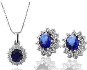 Groothandelsprijs 18 k wit vergulde prinses blauwe saffier kristallen ketting oorbellen sieraden sets bruiloft sieraden vrouwen acessoires