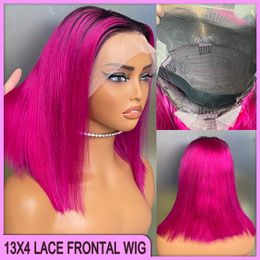 Groothandelsprijs 1B Rose Pink Silky rechte 13x4 Transparante kant Frontale Bob Wig Maleisische Peruaanse Braziliaanse 100% rauwe maagd Remy Human Hair