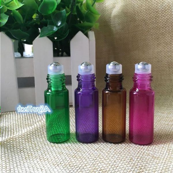 Prix de gros 4 couleurs 5 ml bouteilles en verre colorées avec bille en acier Roll On pour crème pour les yeux, parfum, huile essentielle, bouteilles de brillant à lèvres 180 Meri