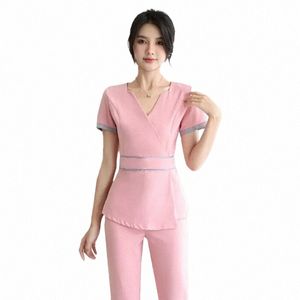 Prix de gros Beauté Gommage Ensemble Femme Hôtel Travail Uniforme Ensemble Gommage Costume Massage des Pieds Robe Col En V Deux Pièces O0PI #