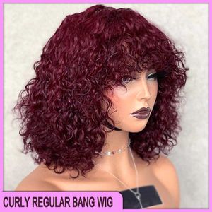 Prix de gros Brésilien Indien péruvien 100% cru vrigin Human Hair Wine Red Deep Vave régulière Bang Bang Short Wig