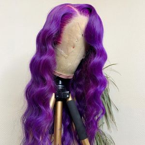Prix de gros perruque colorée couleur pourpre vague de corps suisse transparent avant de lacet brésilien Remy perruques de cheveux humains