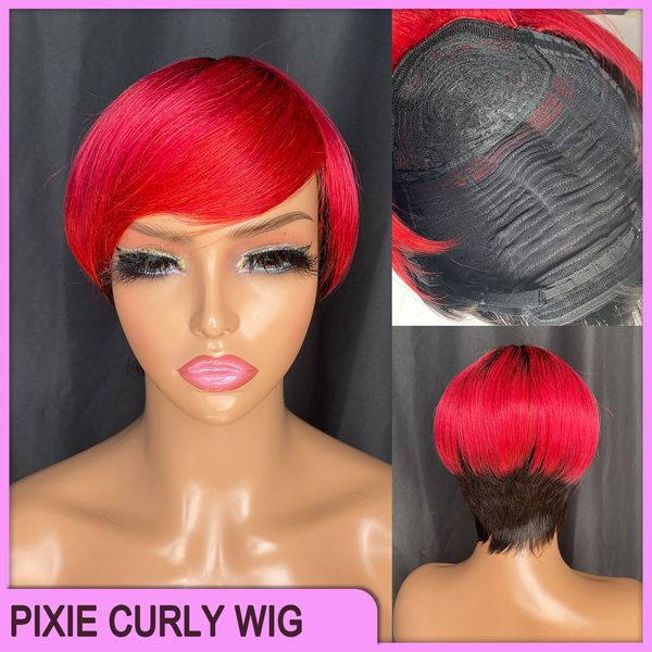 Precio al por mayor de alta calidad brasileño peruano indio 100% Vrigin crudo Remy cabello humano 1b rojo Pixie Rizado corto sin peluca de encaje