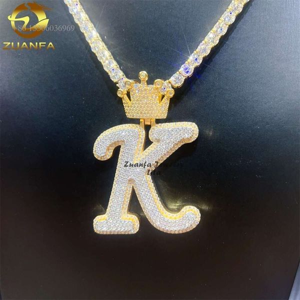 Precio al por mayor, joyería de cadera Iced Out Sier Crown Bail, letra inicial K para hombres Vvs Moissanite, Colgante para Nombre personalizado