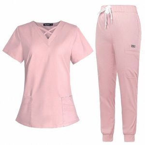 Groothandelsprijs Joggers Scrubs Set voor Vrouwen Huisdier Ziekenhuis Uniform Effen Kleur Scrubpakken Chirurgische Toga Meerdere Zakken V-hals X85N#