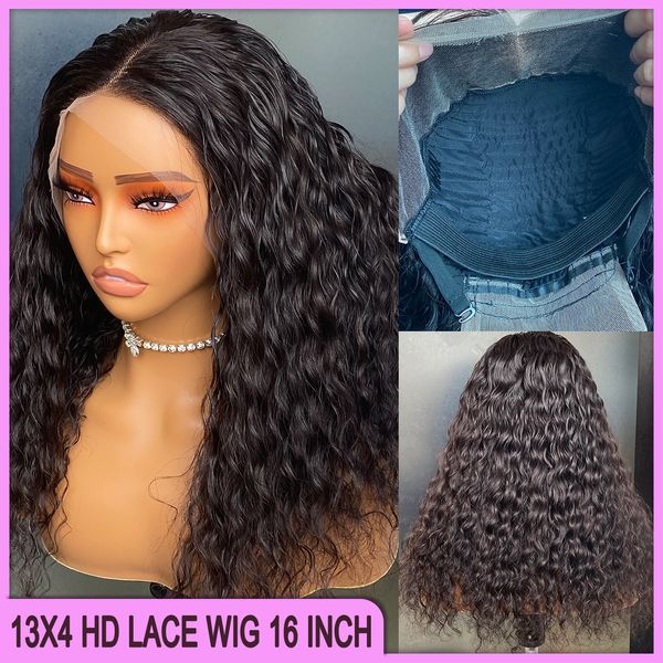 Prix ​​de gros malaisien Indien Brésilien noir Deep Wave 13x4 HD Lace Frontal Wig 16 pouces 100% Remy Vierge Human Hair