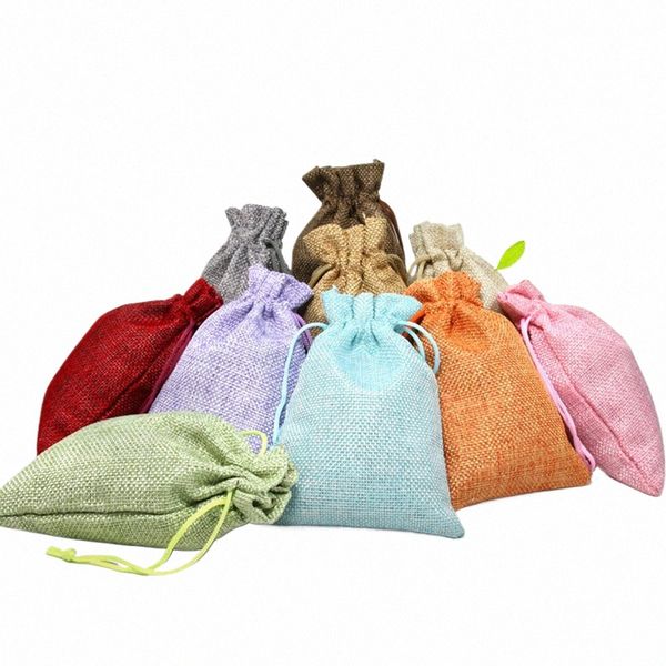 Prix en gros Natural Resable Jute Line à crampon Pouchure d'emballage Sac cadeau Logo Bijoux imprimé Sac de Noël Q55M #