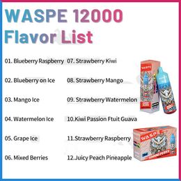 Prix de gros Waspe Vape Factory vape puff 12000bouffées Vapeur jetable E-cigare prérempli rechargeable 20 ml 15 saveurs Goût d'huile RVB lumière Vape 12k