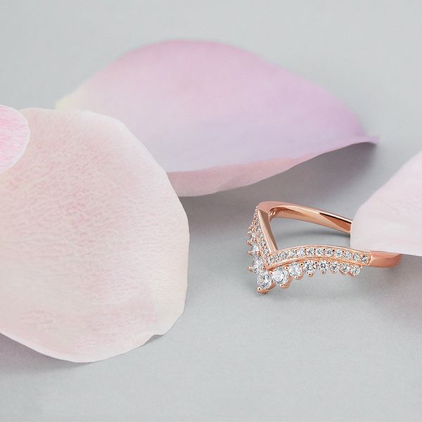 Al por mayor- Princess Wish Ring 925 Sterling Silver con caja de rosa rosa plateada CZ Diamante de alta calidad para damas Pandora Ring Elegant Ring