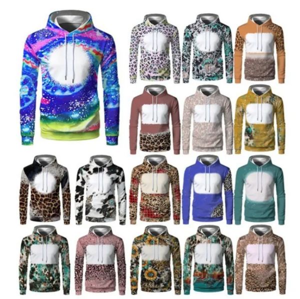 Vente en gros imprimable Sublimation Blank Hoodies Polyester Dye Pull Pull Faux Bleach Imprimer Logo Personnalisé Bleach Hoodie bb0124