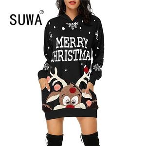 Groothandel Product Cartoon Gedrukt Lange Mouw Pullover Hoodies Sweatshirt Trendy Chic Party Christmas Jurk Casual Outfits 210525