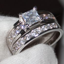 Venta al por mayor profesional Garra ajuste joyería 925 plata esterlina zafiro blanco corte princesa diamante simulado boda nupcial mujeres anillo regalo