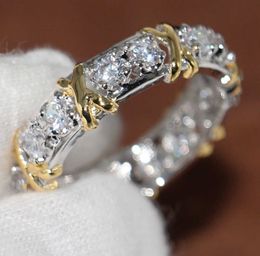 Venta al por mayor profesional Eternity Diamonique CZ diamante simulado 10KT blanco amarillo oro relleno boda banda anillo cruzado tamaño 5-11