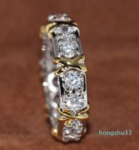 Venta al por mayor profesional Eternity Diamonique Diamond 10KT WhiteYellow Gold Filled Wedding Band Cross Ring Tamaño 5-11
