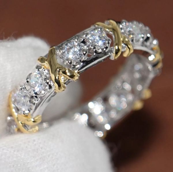 Venta al por mayor profesional Eternity Diamonique diamante simulado 10KT oro blanco amarillo lleno banda de boda anillo cruzado tamaño 5-11