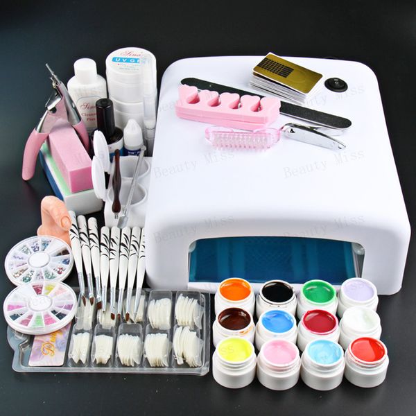 Ensemble de manucure pour ongles, vente en gros, Kit professionnel de Gel UV 12 couleurs, brosse d'art + lampe de polymérisation 36W, outils de polymérisation