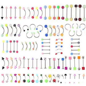 Nombril Anneaux En Gros Promotion 110 Pcs Mixte Modèles / Couleurs Corps Bijoux Ensemble Résine Sourcil Nombril Ventre Lèvres Langue Nez Piercing Bar 4Tei5