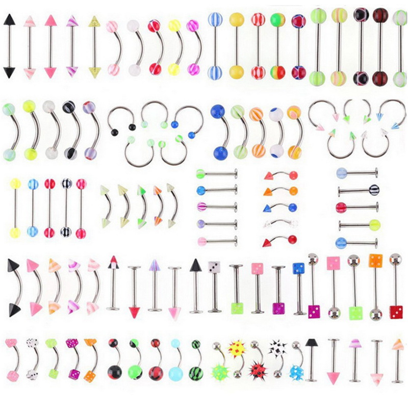 Promozione all'ingrosso 110 pezzi modelli misti / colori set di gioielli per il corpo resina sopracciglio ombelico pancia labbro lingua naso piercing bar anelli