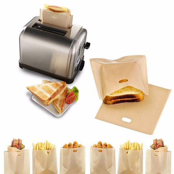 Venta al por mayor PTFE Sandwich tostadoras pan pastel bolsa reutilizable antiadherente bolsa para hornear barbacoa horno microondas patatas fritas bolsa de calefacción bolsas para barbacoa 16*16,5 cm