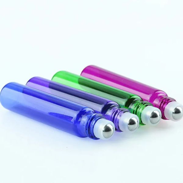 wholesale Tube de traction 10 ml bouteilles d'huile de rouleau en verre bleu violet vert rouge 10 ml bouteilles à rouler parfum d'aromathérapie ZZ