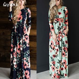 Groothandel- qiyun.z 2017 zomer boho strand jurk mode bloemen gedrukt vrouwen lange jurk driekwart mouw losse maxi jurk vestidos