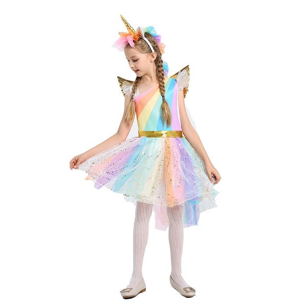 Venta al por mayor, vestido de fiesta de boda con tutú de lentejuelas de arco iris con alas de aro para el pelo, conjunto para disfraces de Cosplay de 5 a 12 años