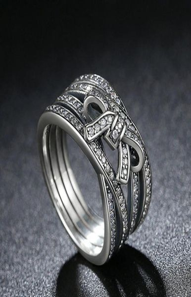Vraie - Real 925 Silver Bow Ring Set Original Box pour CZ Diamond Women Engagement Anneaux Fashion Accessoires9846425