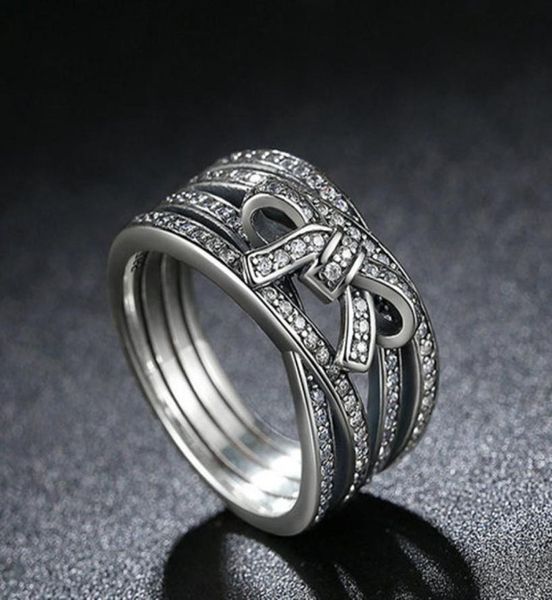 Vraie - Real 925 Silver Bow Ring Set Original Box pour CZ Diamond Women Engagement Anneaux Fashion Accessoires9759143