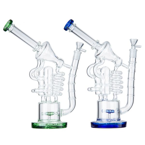 Gros recycleur narguilés 14mm femelle joint matrice perc verre bang unique side-car bongs 12 pouces conduite d'eau dab plates-formes capiteux vert bleu narguilés avec bol