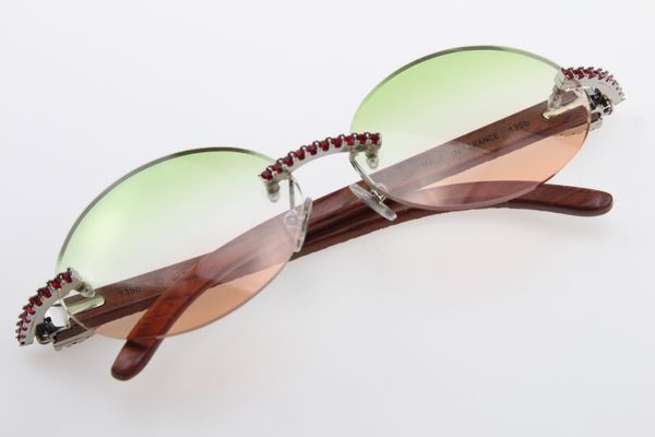 Lunettes de soleil Hot Big Stones en bois sculpté 3524012 Lunettes de soleil sans monture rondes unisexes diamant rouge en bois C décoration lunettes à monture dorée