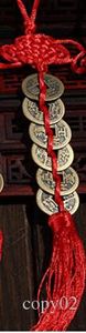 Groothandel- Rode Chinese Knot Feng Shui Set van 6 Lucky Charm Ancient I Ching Coins welvaartsbescherming Good Fortune Home Car Decor