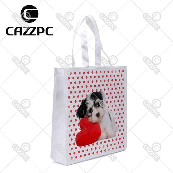 Vente en gros- Red Dot Love Cute Lovely Dogs Pet Print Sac d'épicerie réutilisable en tissu polyester léger individuel Pack de 4