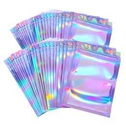 wholesale Bolsas resellables a prueba de olores Bolsa de papel de Mylar Bolsa con cremallera plana Láser Arco iris Embalaje de color holográfico para favor de fiesta Almacenamiento de alimentos / Brillo de labios / Joyería