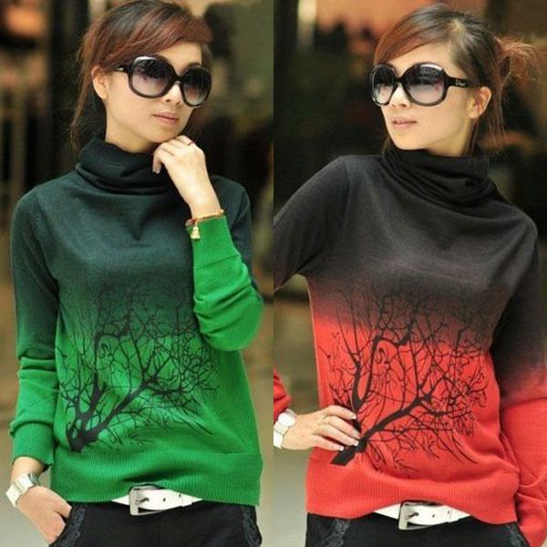 Gros-au détail en gros multi-couleurs femmes col roulé laine pull pulls arbre motif chemise tricoté hauts S M L XL