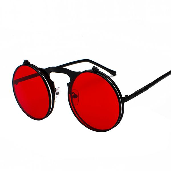 Al por mayor-retro steampunk círculo vintage redondo flip up gafas de sol mujeres hombres estilo punk gafas de sol marco de metal negro gafas de sol masculino uv400