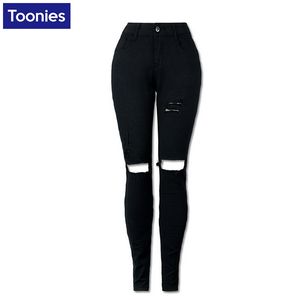 Vente en gros - Jeans déchirés pour les femmes Élasticité Taille haute Jeans d'hiver Strench Crayon Skinny Black Jeans Femme Denim Pantalon Pantalon de grande taille