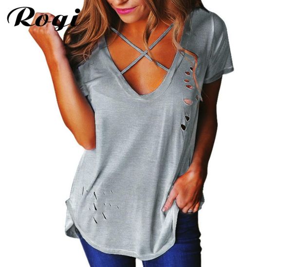 Vente en gros - Rogi Sexy Holes T-shirt d'été femmes 2017 avant col en V déchiré T-shirts Bandage lâche basique Tee Tops Camisetas Mujer Ropa3992962