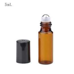 Venta al por mayor botella de bola de rodillos perfume de aceite esencial vacío 5 ml ámbar rollo en botellas de vidrio con tapa de plástico negro 300 unids / lote