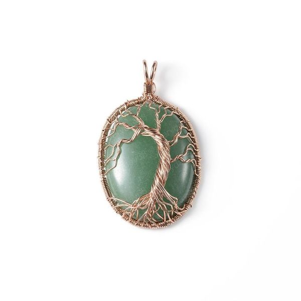 Venta al por mayor de alambre chapado en oro rosa, forma ovalada, colgante de aventurina verde, joyería de piedra amatista