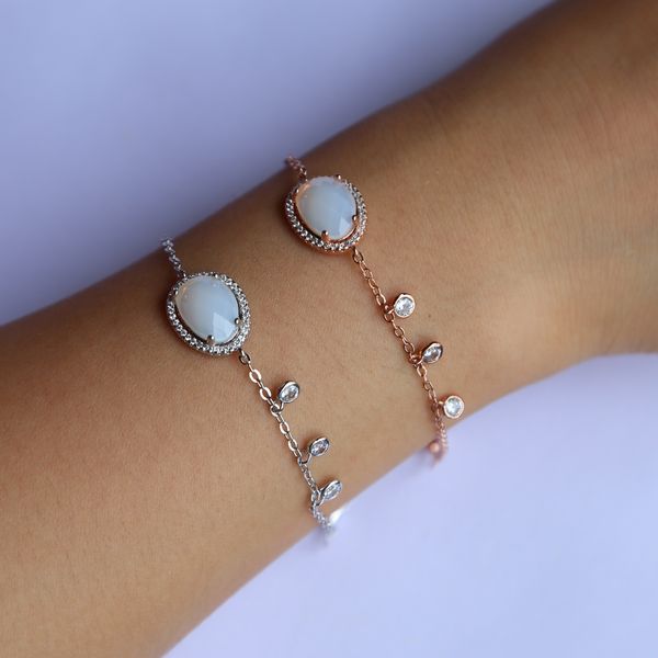 or, argent, rose gros-plaqué en forme irrégulière mode charme chaîne bracelet cz Moonstone woomen bijoux main