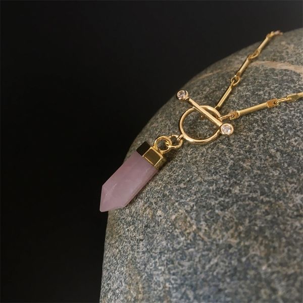 Gros collier de quartz pourpre rose, Piont en cristal de guérison naturelle avec 17 pouces de bijoux de chaîne de bâton d'or NC0925 pièces