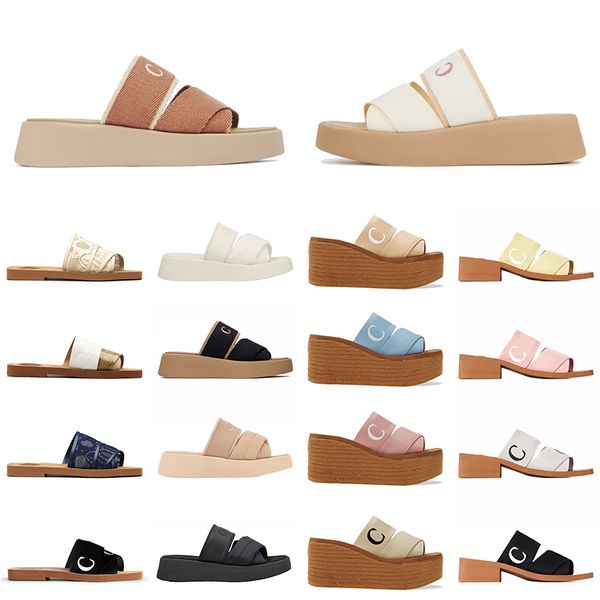 Venta al por mayor Sandalias Famoso Diseñador Mujer Plataforma Woody Lujo Lienzo Bordado Zapatillas Verano Playa Mocasines Plano Cuadrado Diapositivas Blanco Negro Rosa Beige Sandalia